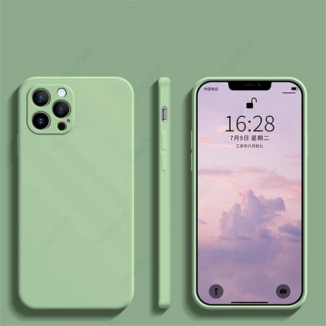 Luxury Liquid Silicone Case on For iPhone 13 11 12 Pro Max SE 2 2020 XS Max XR X 7 8 6 6S Plus Cover Soft Camera Protection Case Matcha Green