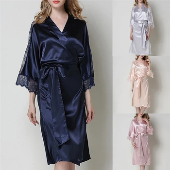 

Bathrobe Robes 2019 Women Sexy Silk Kimono Dress Gown Babydoll Lace Lingerie Long Robe Nightwear Bathrobes Sexy Sleepwear A20
