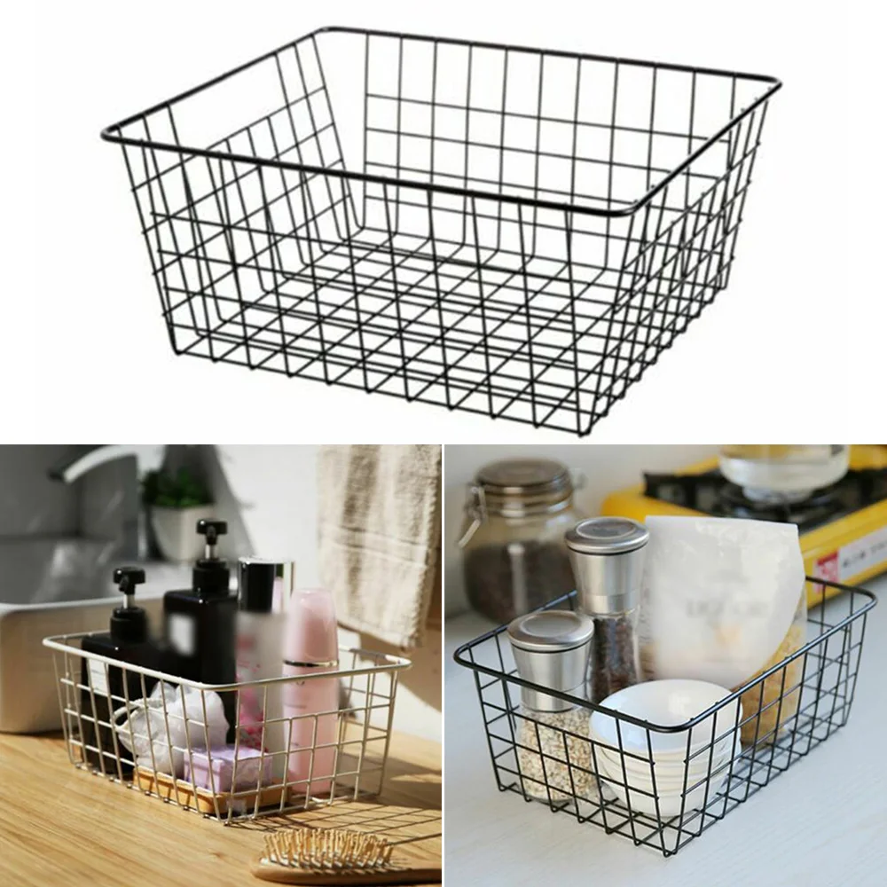 Bathroom Iron Storage Basket Metal Wire kitchen Tray Desk Mesh Basketry Box
