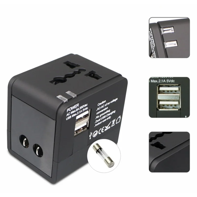 Weißer schwarzer Universal-Steckeradapter 2 USB World Travel AC Power Charger Adapter mit AU US UK EU-Konverterstecker_voghion.com