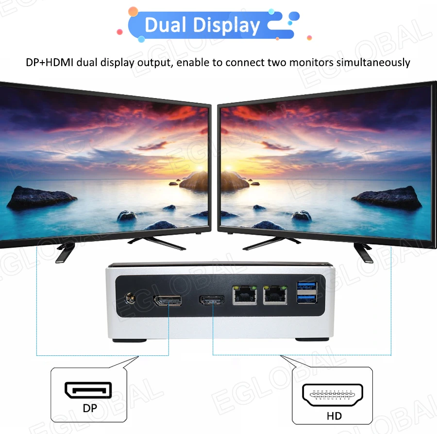 Настольный мини-ПК EGLOBAL i3 /i5 8250U /i7 8550U двойной Lan NVMe SSD макс. 32 ГБ DDR4 HDMI DP дисплей |