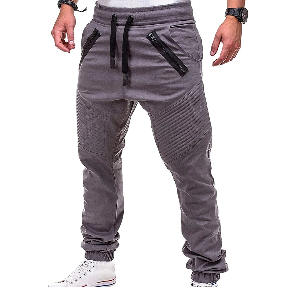 Men Fashion Drawstring Zip Strips Pockets Ankle Tied Long Pants Sports Trousers Drawstring Ankle Joggers Sweat Casual Pants