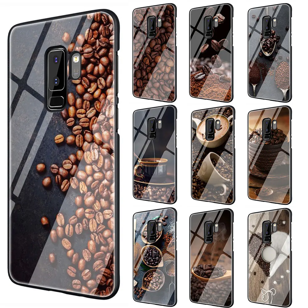 

Coffee Bean Tempered Glass TPU Black Cover Case for Galaxy S7 Edge S8 S9 S10 Plus Note 8 9 10 A10 20 30 40 50 60 70