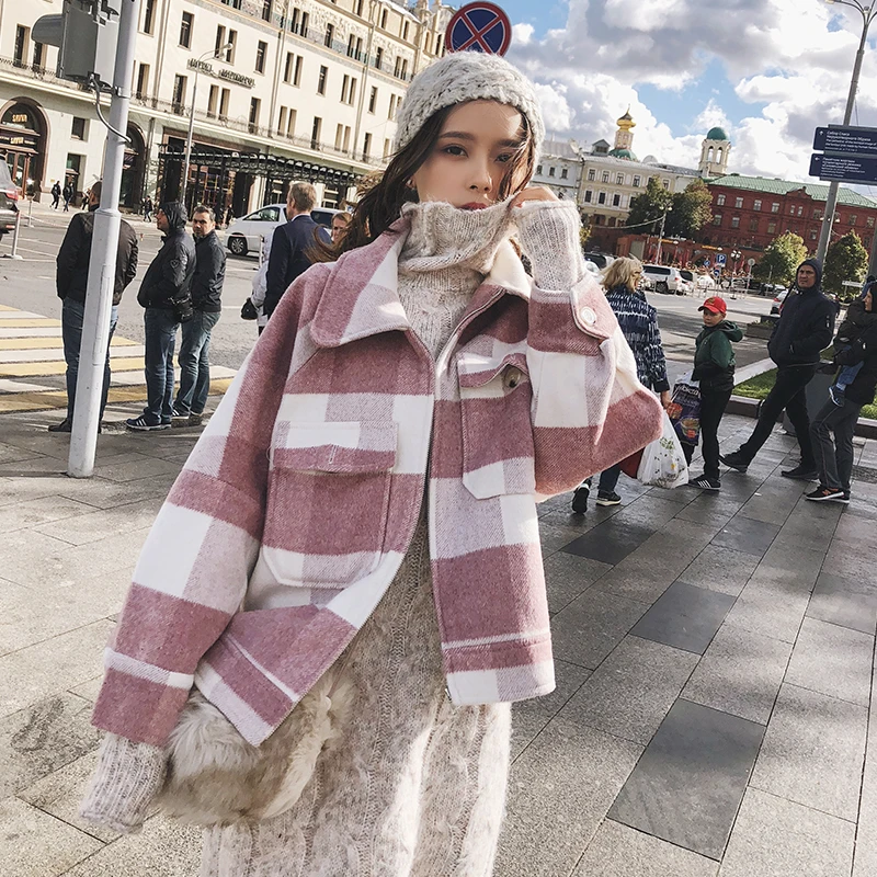 

2019 Woolen Coat Female Autumn Winter New Coat Women Long Sleeve Jacket Casual Plaid Short Overcoat
