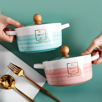 

Hand-painted instant noodle bowl with glass lid home kitchen large ceramic bowl portable student tableware soup bowl mx11081601