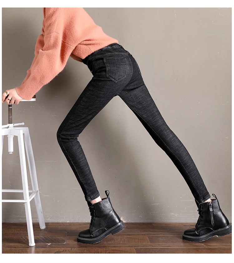 Зимние теплые джинсы для женщин, эластичные джинсовые штаны с высокой талией, женские брюки, утолщенные черные женские джинсы s, женские большие размеры