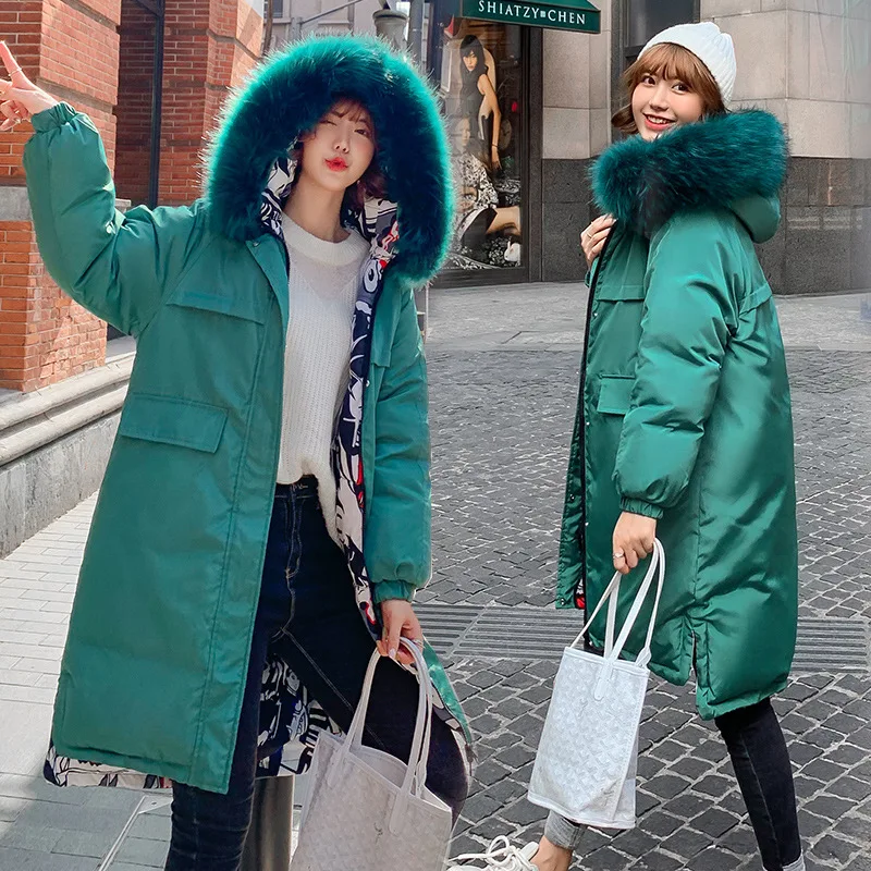 

Photo Shoot 2019 New Style down Jacket Women's Korean-style Mid-length Reversible Women's Loose-Fit Large Fur Collar Thick Cotto