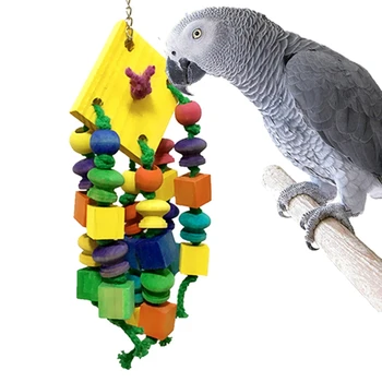 

Pet Bird Chew Bite-resistant Hanging Ornament Toy-Colorful Square Wooden Building Blocks and Beads String