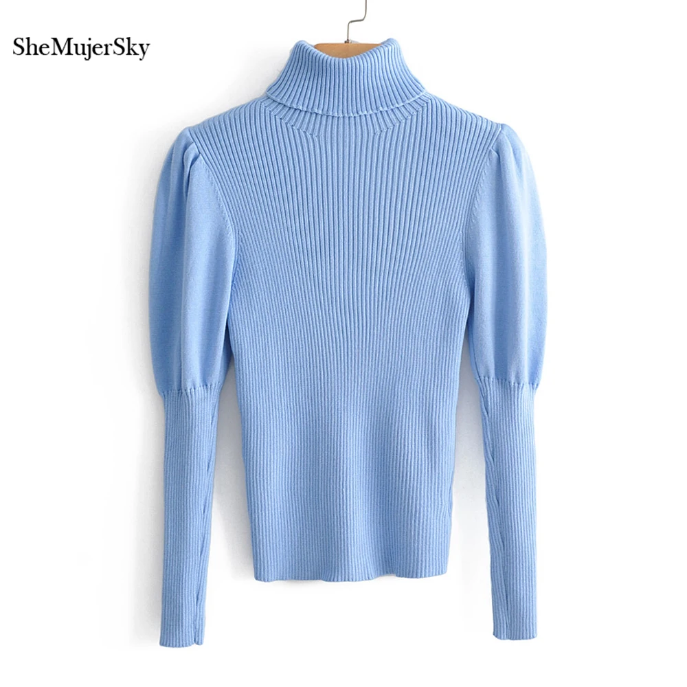 

SheMujerSky Women Blue Turtleneck Puff Sleeve Jumper Solid Color Sweaters Womens Pullovers 2019