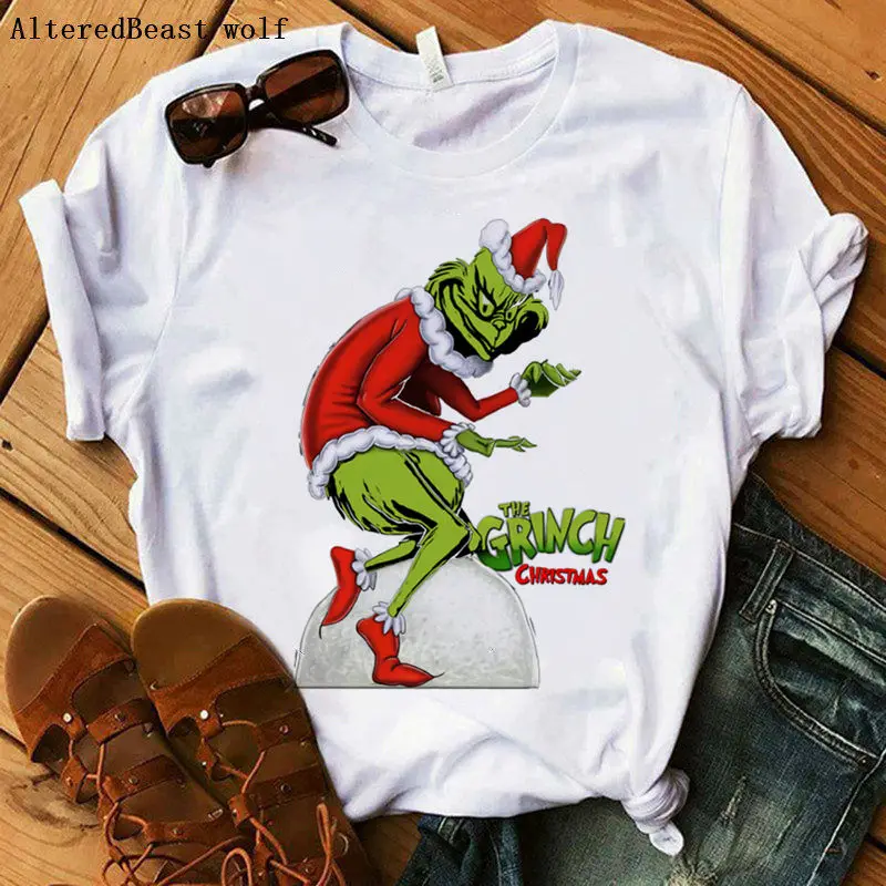 as picture Футболка с надписью I'm a Mean One Grinch, женская футболка с принтом, Рождественская Футболка с принтом Grinch, женские белые топы, женская модная забавная одежда - Цвет: as picture