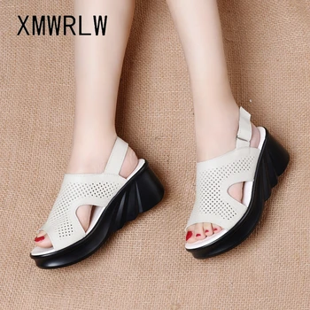 

XMWRLW Genuine Leather Handmade Women Summer Sandals High Heels Ladies Wedges Shoes 2020 Summer Women Retro Style Sandals Shoes