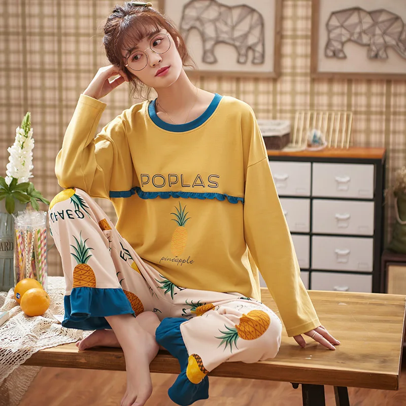 

Pineapple Pajamas Women's Spring And Autumn Pure Cotton Long Sleeve Two-Piece Set Loose Fat Mm Plus-sized 200 Autumn 4XL