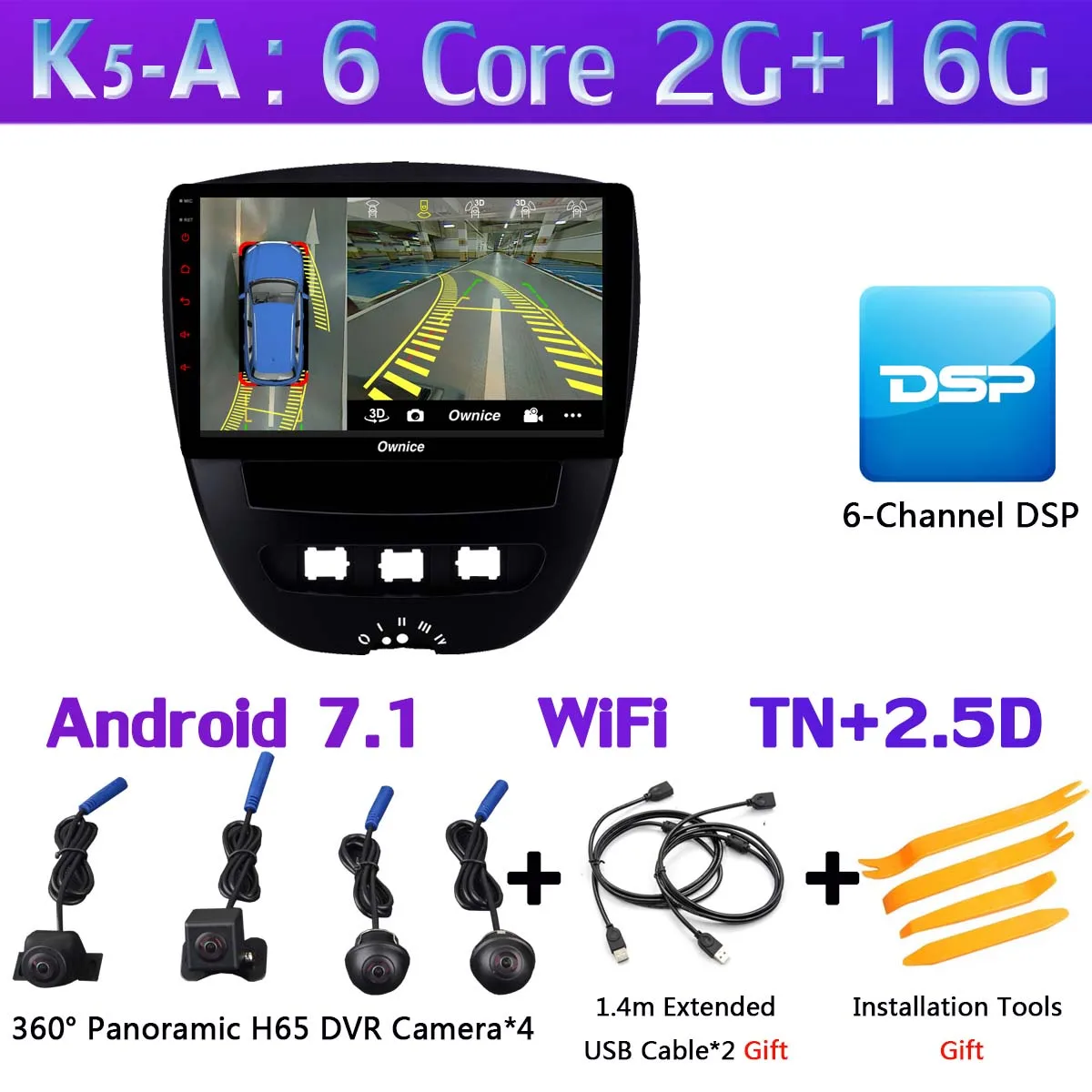 360 ° панорамный Android 9,0 4+ 64G gps компактное минирадио Авто CarPlay Автомобильный мультимедийный плеер для Peuget 107 Toyota Aygo Citroen C1 2005 - Цвет: K5-A