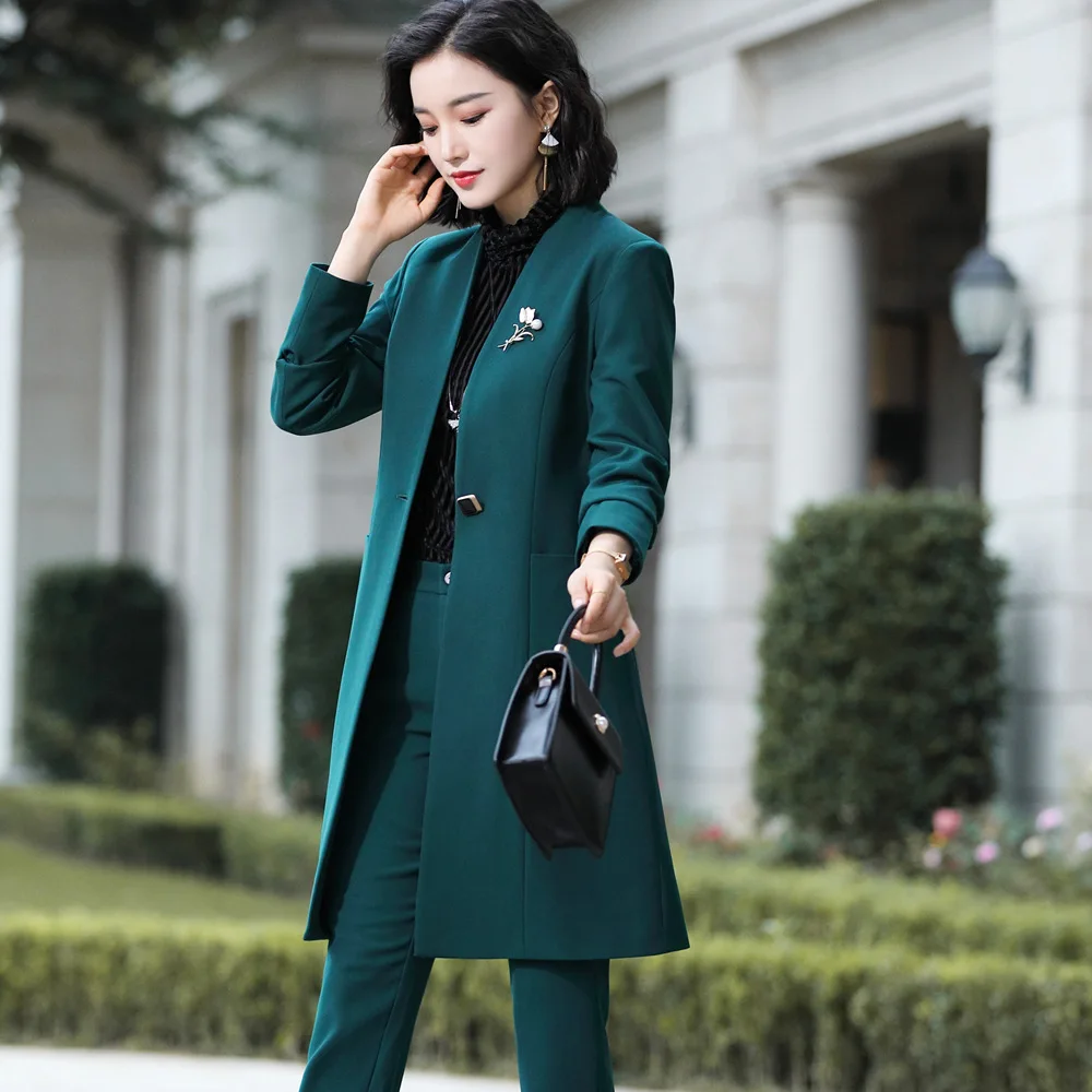 Женский брючный костюм элегантный длинный пиджак с V образным вырезом и брюки