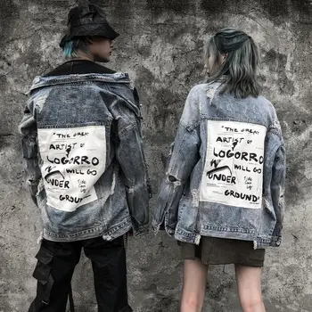 

Men's Distressed Ripped Denim Jackets Hip Hop Streetwear Washed Destroyed Back Patch Jacket Male Women Retro Loose Clothing