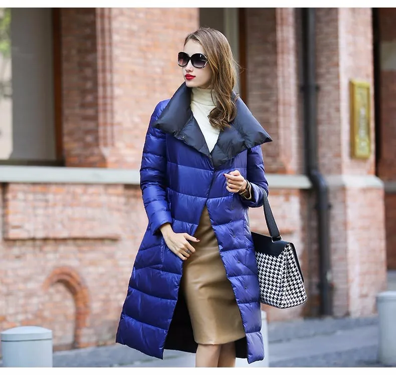 Женская зимняя куртка на утином пуху, длинная, толстая, двусторонняя, в клетку, пальто для женщин размера плюс, теплый пуховик, парка для женщин, тонкая одежда
