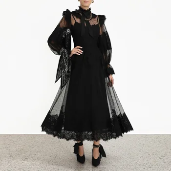 

Vintage Black Lace Pleated Midi Dress Women 2020 Spring Long Sleeve High Quality Runway Dress