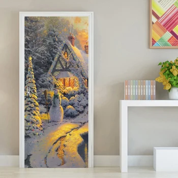 

2Pcs/Set Oil Painting Plain Woods Snowman 3D Door Sticker Self-adhesive Waterproof Wallpaper Decals Home Decor Door Wall Sticker