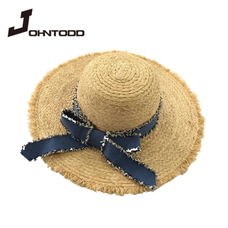 

Brand Women Wide Brim Sun Protection Beach Hat Korean Version of Blue Ribbon Bowknot Straw Cap Casual Ladies Flat Top Panama Hat
