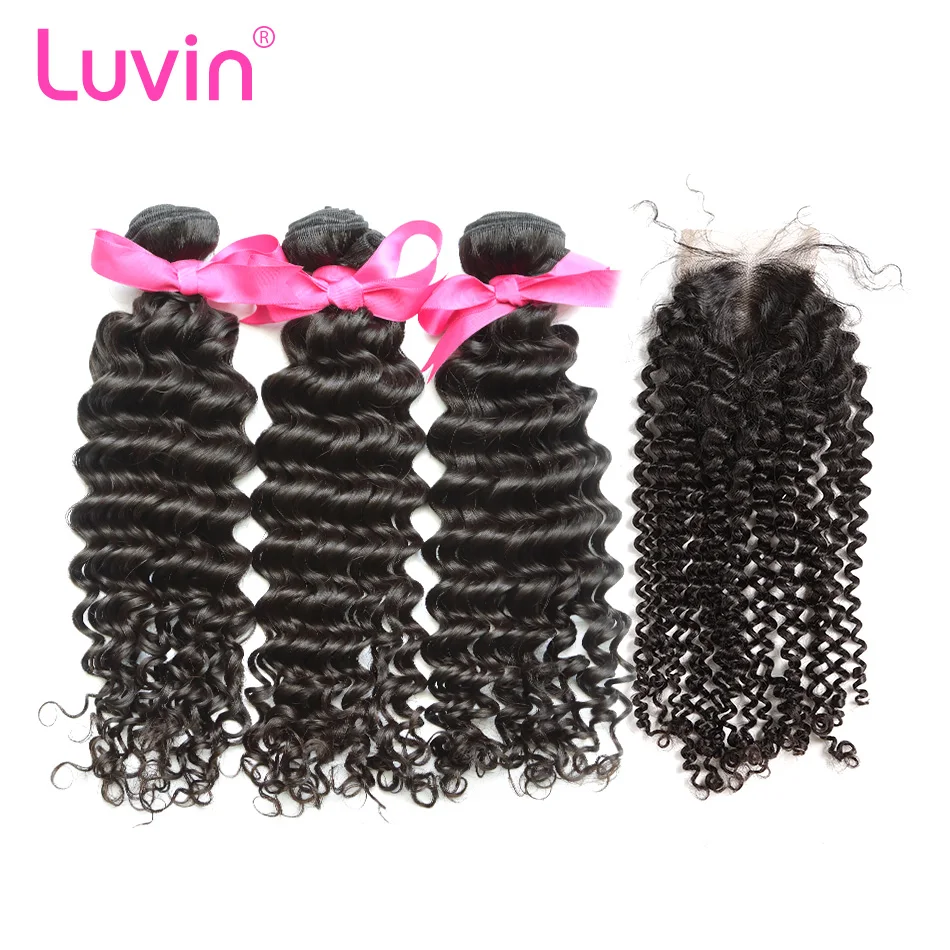 

Luvin OneCut Hair Deep Wave 8-30 inch 3 4 Bundles With Closure Brazilian Human Hair Weave Curly Remy Hair Weaving Natural Color