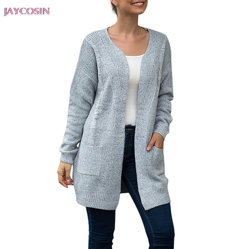 JAYCOSIN, женский свитер, однотонный, длинный рукав, карманы, вязаный свитер, накидка, кардиган, femenino Manteau femelle#1214