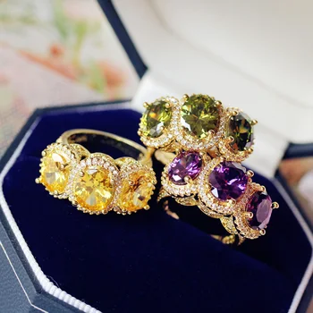

Glittering Luxury triad of oval stones Olive green or Purple Yellow AAA Cubic Zirconia Cocktail Party Women Jewelry Multicolor