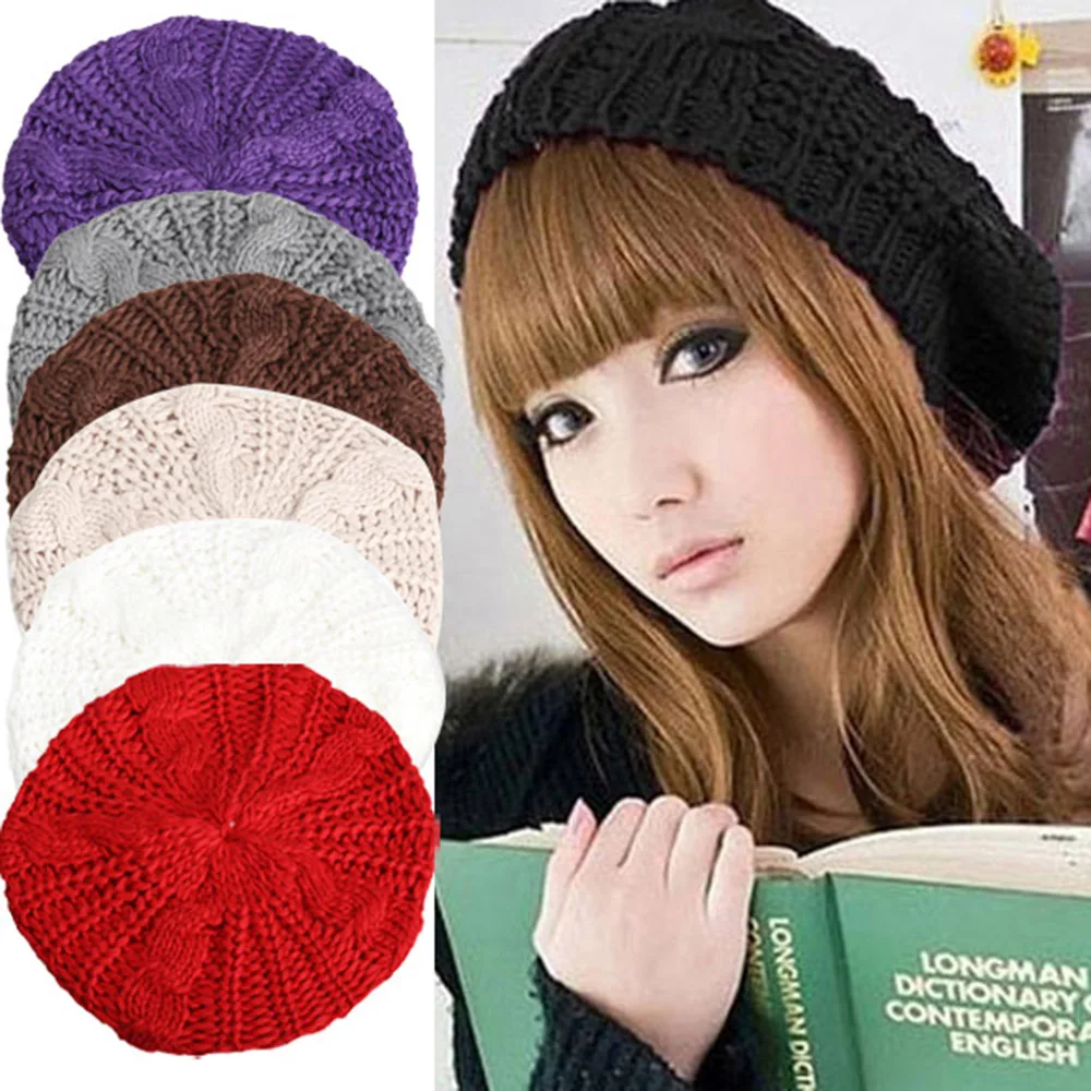 Warm Winter Women Knitted Beret Baggy Fashion Casual Beanie Hat Solid Color Multicolor Ski Cap Red Women Beret