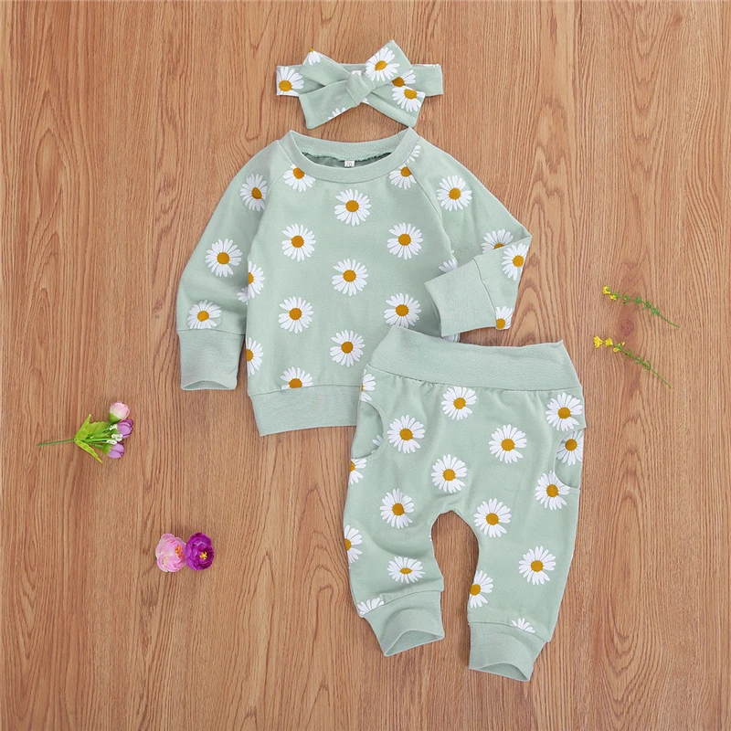 Spring New Fall Autumn Infant Baby Girls 3Pcs Set Long Sleeve Lovely Print Top Pants Headband Toddler Outfits Clothes