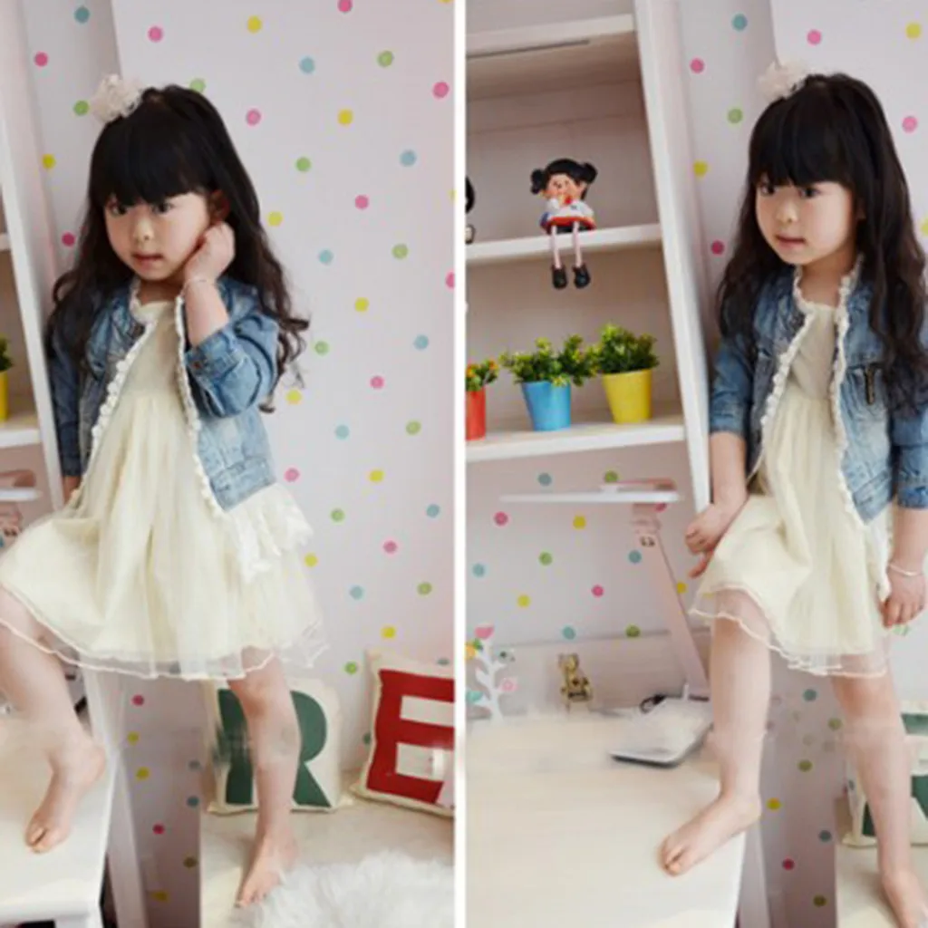 Kids Baby Clothes Girl Denim Jackets Fashion Cowboy Cardigan Long Sleeves Lace Stitching Jacket Loose Coat Children Girl Clothes