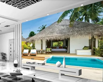 

3d Modern Wallpaper Mural Wallpaper The Beautiful Scenery Maldivian Thatched Cottages By the Sea Romantic Scenery 3d Wallpaper
