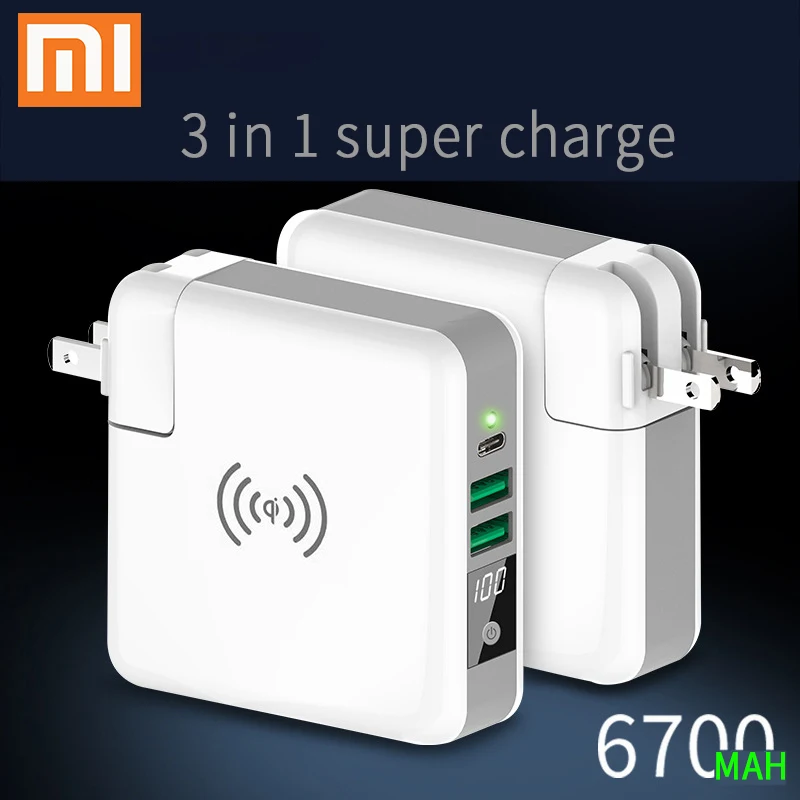 

Xiaomi Brand Multi-function Wireless Charger Type-C 2 USB Travel Plug QC3.0 Wireless Power Bank Digital Screen for All Phone Pad