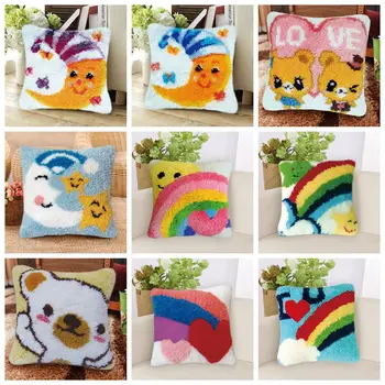 

Prajna Handmade Pillow Cushion Latch Hook Kit Mat DIY Embroidery Needlework Crochet Pillow Rainbow Love Kits Accessories 43x43cm
