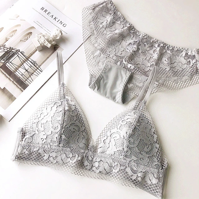 White green grey Bra Briefs set cotton women underwear sets Cup triangle  lace hollow out wire free transparent Bralette panties - AliExpress