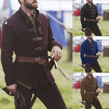 

Medieval Cosplay Men Vintage Jacket Solid Knight Coat Men Leather Buckle Tops Gothic Trench Coat Jacket Costume Clothes