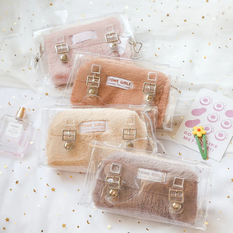 

Girl 2 in 1 hand pencil case simple transparent creative student stationery pencil bag portable waterproof stationery container