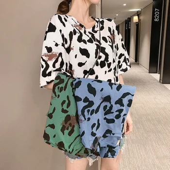 

Leopord Pattern T-shirt Student Summer Wear New Style Crew Neck T-shirt Mid-length Short Sleeve Pure Cotton Shirt 7698