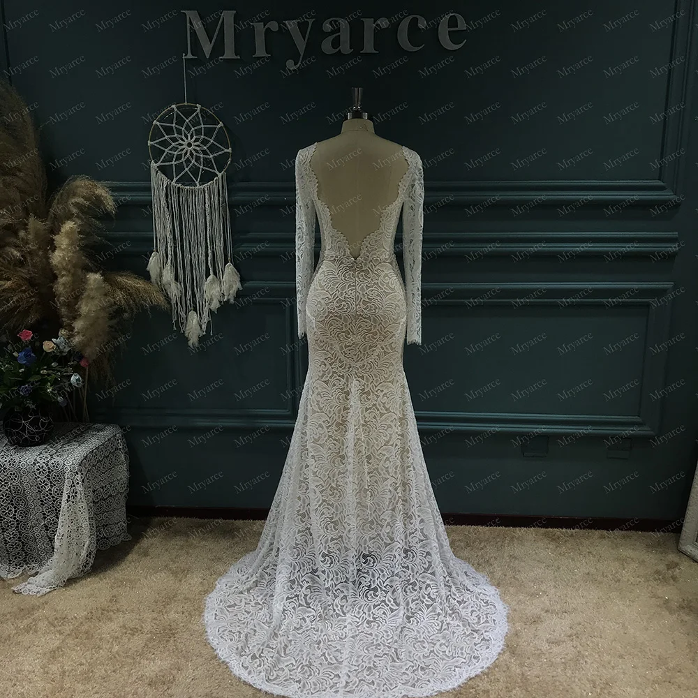 Mryarce 2022 Trending Flexible Long Sleeves Lace Bohemian Wedding Dress Open Back Bridal Gowns 4