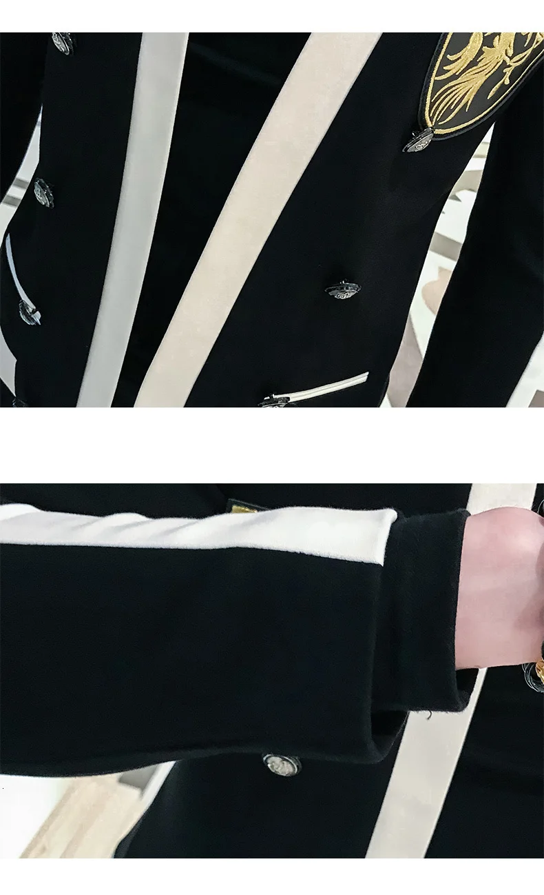 Black White Stripe Blazer With Gold Embroidery Slim Fit Stage Costumes For Singers Mens Wedding Prom chaqueta de vestir hombre
