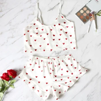 

Fashion Women New Pajamas Two-piece Sling Shorts Two-piece Suit Thin Section Sweet Print Satin Home Service