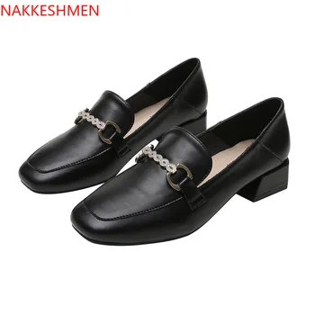 

NAKKESHMEN-2020 Summer New Black Thin Shoes Autumn Graceful Shoes Women's Shoes Large Size British Loafers Women's Chunky Heel