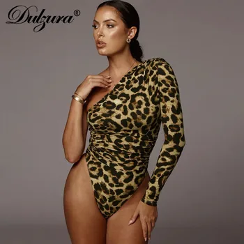 

Dulzura leopard pleated bodysuit one shoulder long sleeve bodycon sexy elegant 2019 autumn winter romper party clubwear clothes