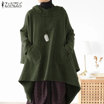

Vintage Asymmetrical Tunic Women's Spring Sweatshirts ZANZEA Casual Long Sleeve Hoodies Female Hooded Solid Plus Size Tops 5XL