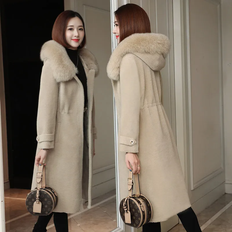 

2020 Winter Real Fur Coat Women Fox Fur Collar Hooded Long Sheep Shearing 100% Wool Jacket Korean Style Manteau Femme KJ3437