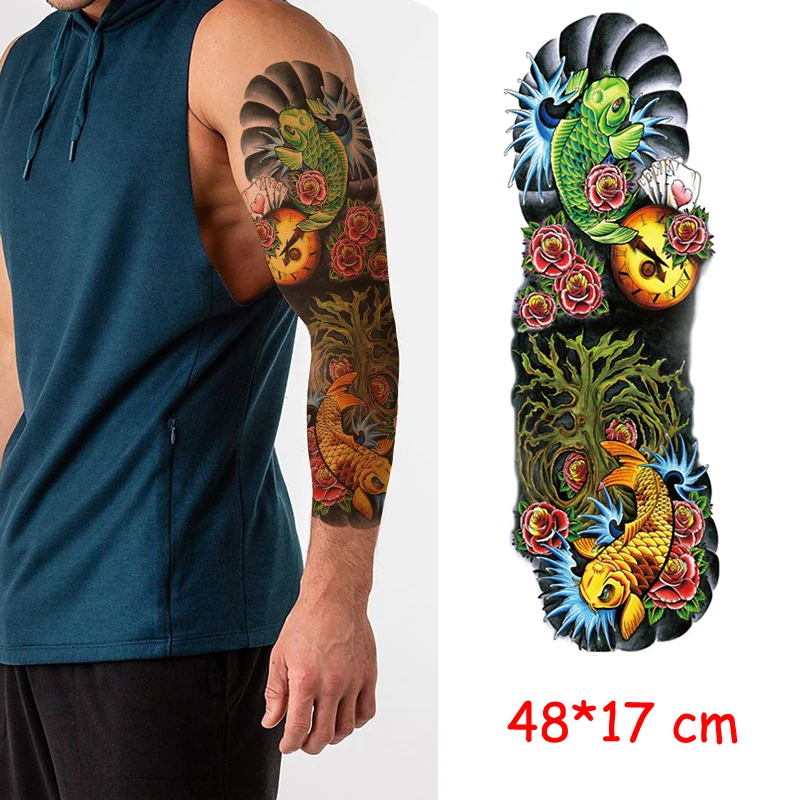 Водостойкая временная татуировка наклейка череп часы полная рука черные поддельные тату большого размера флэш-тату рукава татуировки для мужчин и женщин