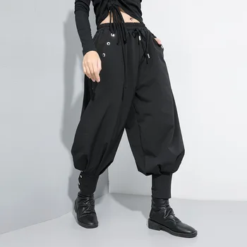 

Elastic Waist Rivet Casual Loose Ankle Length Pants For Women Drawstring Black Color Ladies Fashion Harem Pants Female