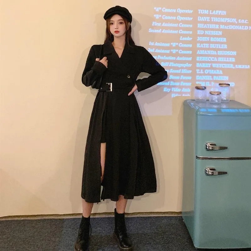 Women Long Sleeve Dress Notched High Waist Sashes Side-slit A-line Design New Mid-calf Solid Korean Style Chic Ulzzang Ins Femme monsoon dresses Dresses