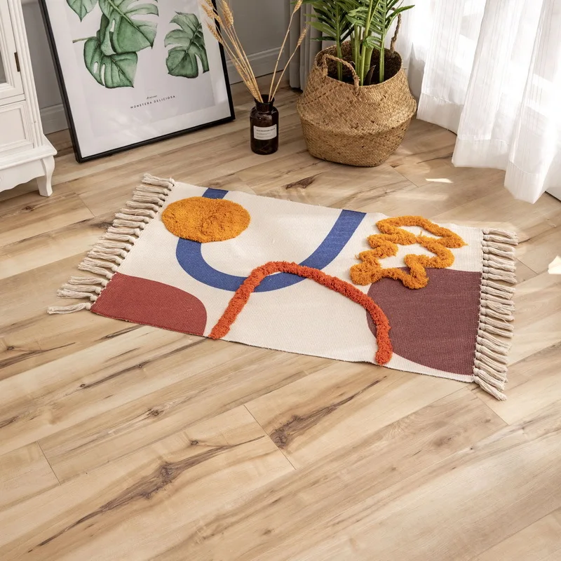 Retro Bohemian Hand Woven Cotton Linen Carpet Morocco Printed Area Rugs Tufted Tassels Anti Skid Pad Throw Rug Bath Doormat non slip carpet