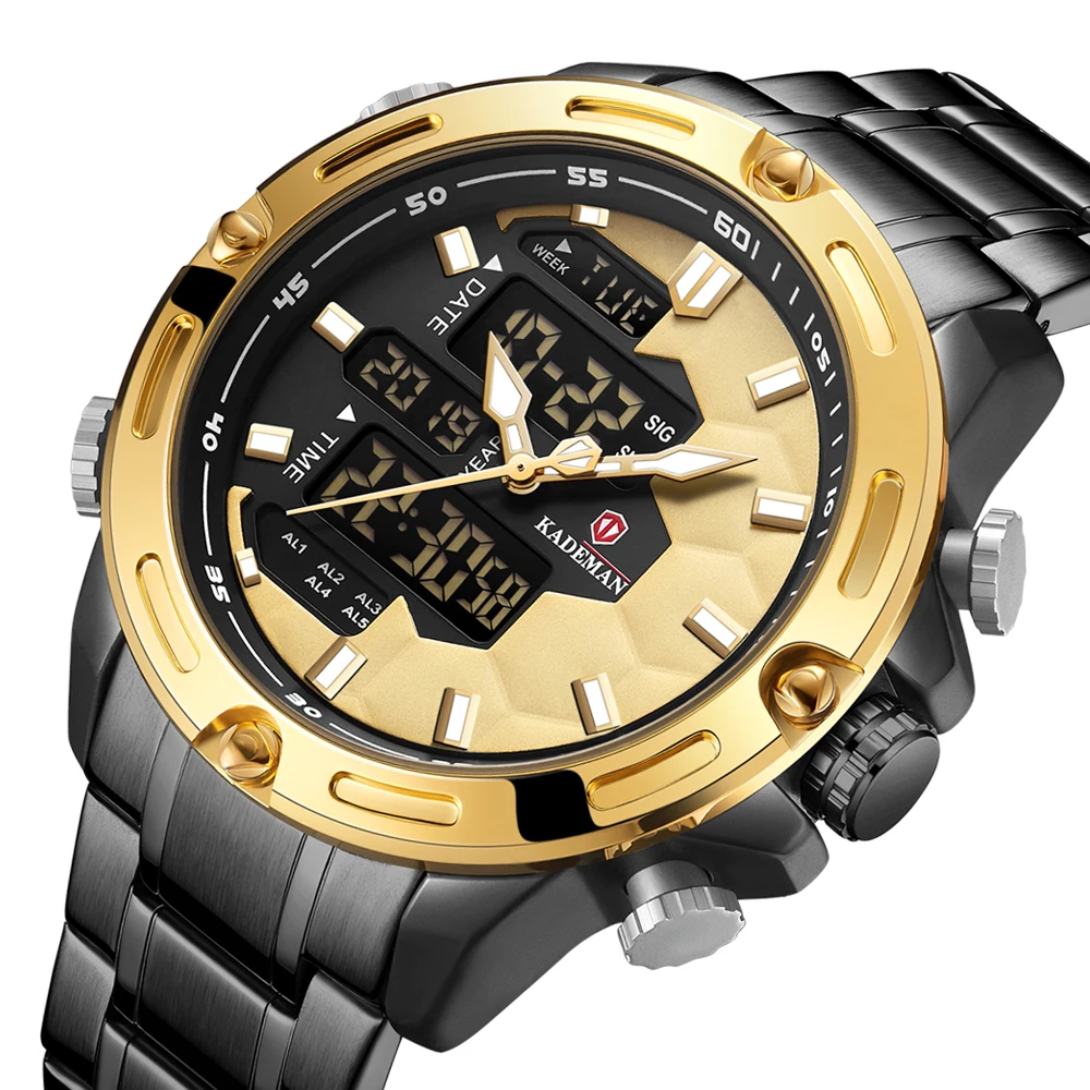 

KADEMAN Sport Mens Watch Top Brand Luxury Black Stainless Steel Golden Dial Male Clock Waterproof Multifunction Man Wristwatches