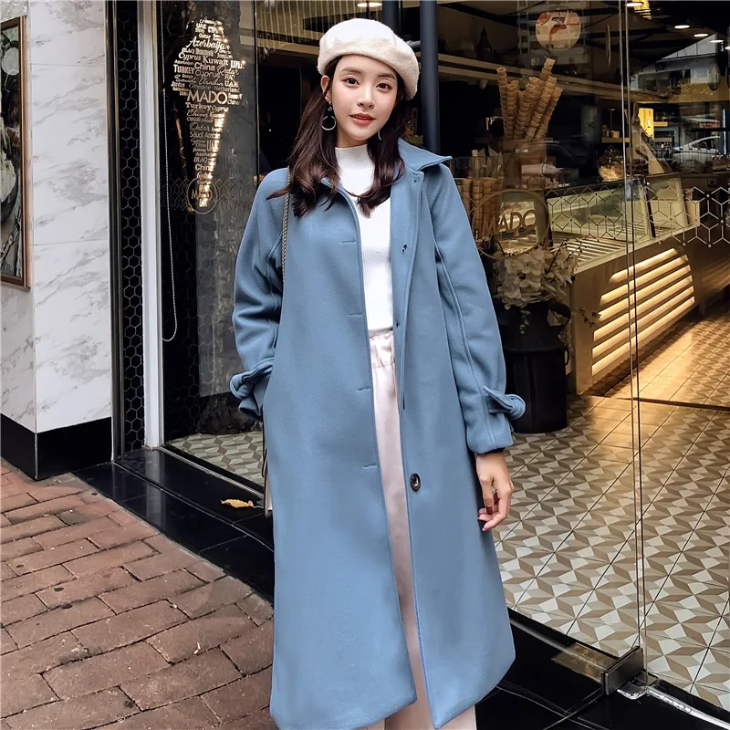 

2019 Winter New Style Korean-style Students Haze lan he ben feng Woolen Long over-the-Knee Overcoat WOMEN'S Coat