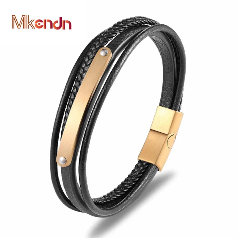 

MKENDN Fashion Multiple Layers Engrave Name Bracelet For Men DIY Genuine Leather Bracelets &Bangle Stainless Steel Male Jewelry